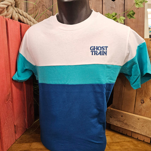 A short sleeved t-shirt with the top section in white, middle in teal and bottom in royal blue. The logo is embroidered on the chest pocket with a light blue thread.