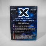 A rectangular sign with the X logo at the top. Underneath is a list of rider restrictions in white text. The background is a swirled blue and black texture.