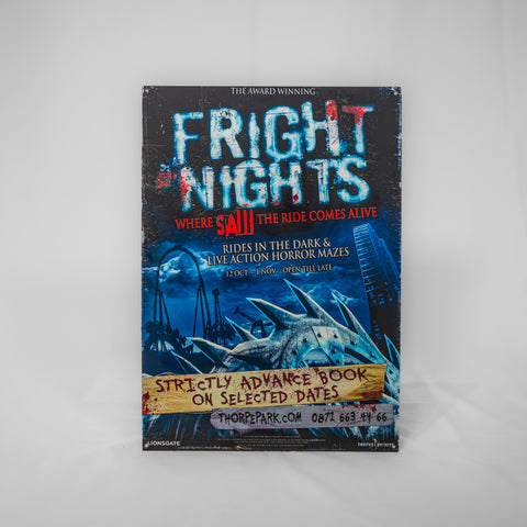 A portrait orientated poster which has the old Fright Nights logo at the top, and an image of SAW - The Ride underneath. There are some booking dates at the bottom.