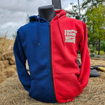 A hoody which is red on the left and blue on the right, there is a black zip running up the middle of it. On the red side is the Fright Nights logo in a cream towelling effect