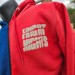 A closer view of the towelled Fright Nights logo on the red side of the hoody