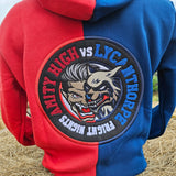 The back of the hoody, it is still split half red and half blue, and in the middle is a large embroidered patch showing a vampire and a werewolf with the words Amityy High vs Lycanthorpe around the outside in a towelling effect.