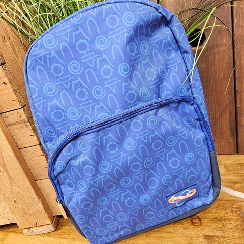 A blue backpack, with lighter blue details which are stylised symbols of the rollercoasters at the park. There is a pocket on the front which takes up around 50% of the overall size and a Thorpe Park logo on the bottom right
