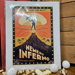 A print of the carnival artwork this year. At the bottom is a black volcano shape, with an orange and yellow sky behind it. Silhouetted in the middle is a lady walking the tight rope, and at the bottom is the text Nemesis Inferno
