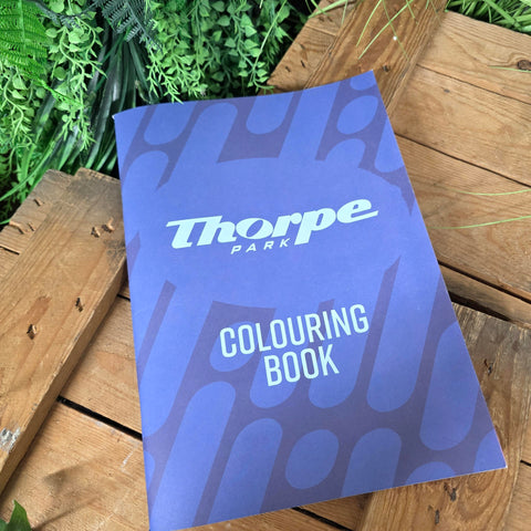 Blue 'Thorpe Park Colouring Book' on a wooden surface with plants in the background