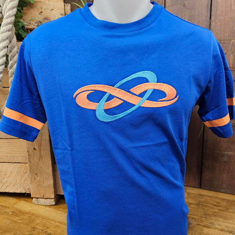 A royal blue short sleeved t-shirt with orange stripes at the end of the sleeves. On the middle of the chest area is an embroidered infinity loop logo with one horizontal orange loop and one light blue loop behind it.