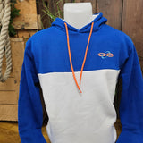 A hoody with a white torso and blue shoulders and arms. There's an embroidered logo on the chest and orange cords in the hood.