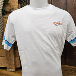 A white short sleeved t-shirt with light and dark blue stripes around the end of the sleeves. On the chest pocket is a small embroidered infinity loop logo in orange and light blue