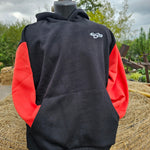 A hoody with black body and red arms, on the chest pocket is the Thorpe Park logo embroidered in white