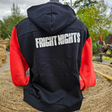 The back of the hoody with a printed white Fright Nights logo