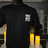 The front of a t-shirt, it is black with a white Fright Nights logo on the chest pocket