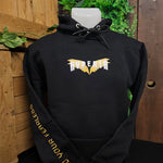 A black hoody with embroidered logo on the front. The logo is the ride logo of gold wings and the word Hyperia in white