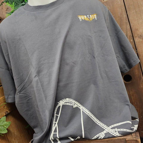 A light grey t-shirt with a Hyperia logo in the left chest pocket area. The logo is gold wings with white text.  Around the bottom is a white outline of Hyperia.