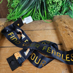 A black lanyard with Find Your Fearless printed in gold. Each side of the slogan there is a Hyperia logo