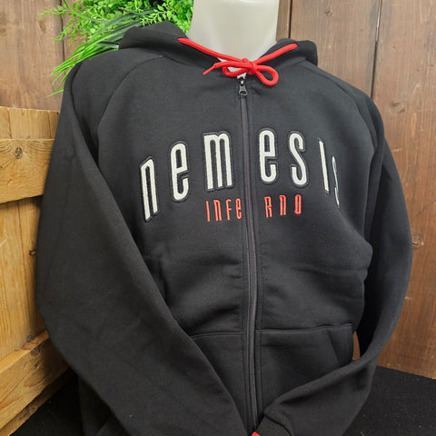 A black hoody with a zip up the middle. There are grey letters saying Nemesis and orange saying Inferno in the middle.