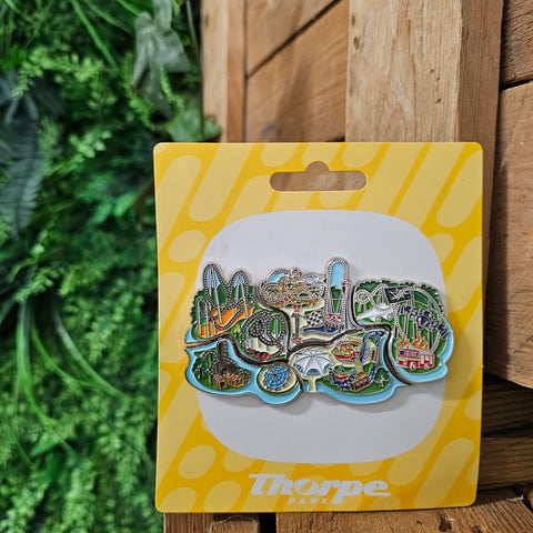 A set of five pin badges, arranged so that they form the full map of Thorpe Park. The top left pin has Hyperia and Colossus, bottom left has SAW - The Ride and Zodiac, The middle has Nemesis Inferno, Stealth and Detonator, the bottom middle has The Dome, Flying Fish and Tidal Wave and finally the right hand side pin has The Swarm.