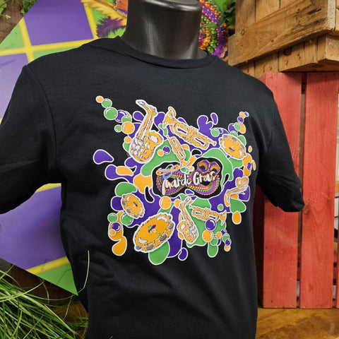 A black t-shirt with a colourful print in the middle of instruments and beads surrounding the Mardi Gras logo