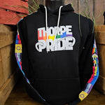 A black hoody with the Thorpe Pride logo printed in the middle. The sleeves have different pride flags down the arms on a stitched on tape.