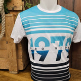 A white t-shirt with teal stripes at the top, and dark blue stripes at the bottom. In the middle is a large 1979 which ombres between the two colours. Through the middle of that is the word PRO RIDER in dark blue.