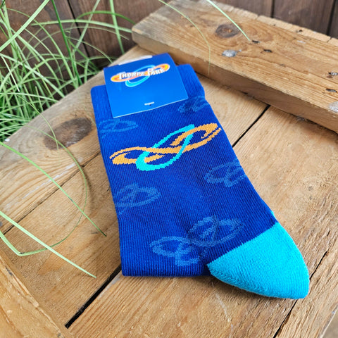 A pair of socks, they are a royal blue with the Infinity Loop logo in orange and light blue, with a matching light blue heel area