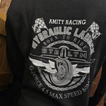 A photo of the back of the hoody showing the racing inspired print!