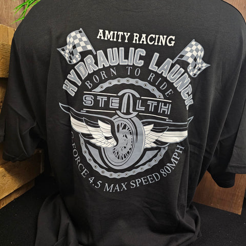 The back of the t-shirt, showing the born to ride graphic (in grey print on a black t-shirt)