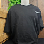 A look at the front of the oversized t-shirt - it is black, with a grey printed tyre logo