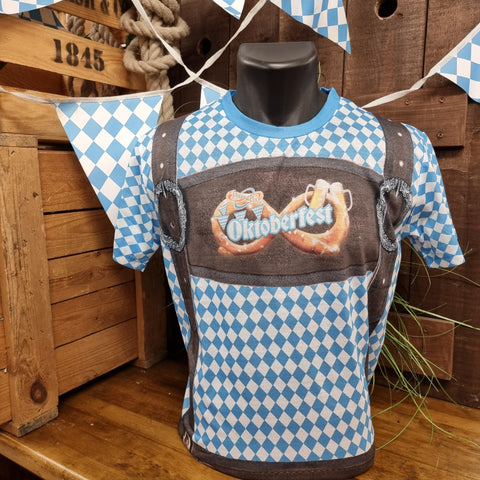 A t-shirt printed with blue and white checks, and a brown breastplate and straps