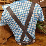 An image of the back of the t-shirt showing the crossed brown strap design