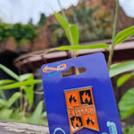 A photograph of the pin badge in front of the Nemesis Inferno rollercoaster.