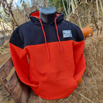 A photograph of the hoody, it is black across the top (to around the middle of the chest, then a hot orange colour below. There is a white Fright Nights logo printed on the chest area. The inner hood lining is the same orange, as are the toggles.
