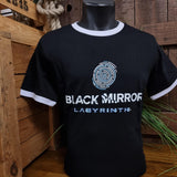 A black t-shirt with white detail on the collar and sleeves, with the Black Mirror Labyrinth logo printed on the chest