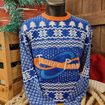 A blue and white knitted jumper with the Thorpe Park logo in the middle, surrounded by lines of snowflakes and tree shapes. The collar and cuffs are orange.