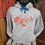 A photograph of a grey hoody, with blue cord in the hood. In the middle is a Colossus logo, red with a silver 20 behind it.
