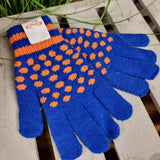 A photograph of a pair of blue gloves with orange dots and stripes at the wrist. The top glove has a piece of fabric attached at the wrist with the Thorpe Park logo on.
