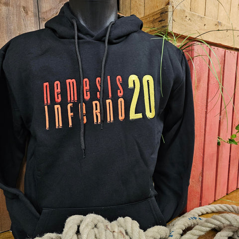 A photo of a black hoody, with the words Nemesis Inferno 20 embroidered onto the middle in orange and yellow tones