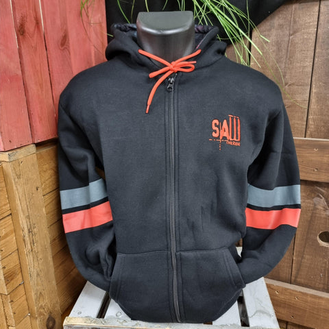 A photograph of a black hoody with a zip through the middle, there is an embroidered SAW - The Ride logo on the left chest area, red cord in the hood and a light grey and red stripe on each sleeve.
