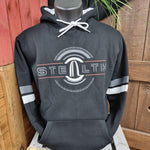 A photograph of a black hoody with the Stealth logo in the middle, surrounded by a stylised tyre. The sleeves have a light grey and white stripe and the cord around the neck is white.