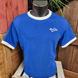A photograph of a royal blue t-shirt with white collar and sleeve hems. There is a white Thorpe Park logo embroidered onto the left chest area