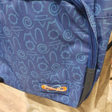 A closer view of the pattern and logo on the backpack